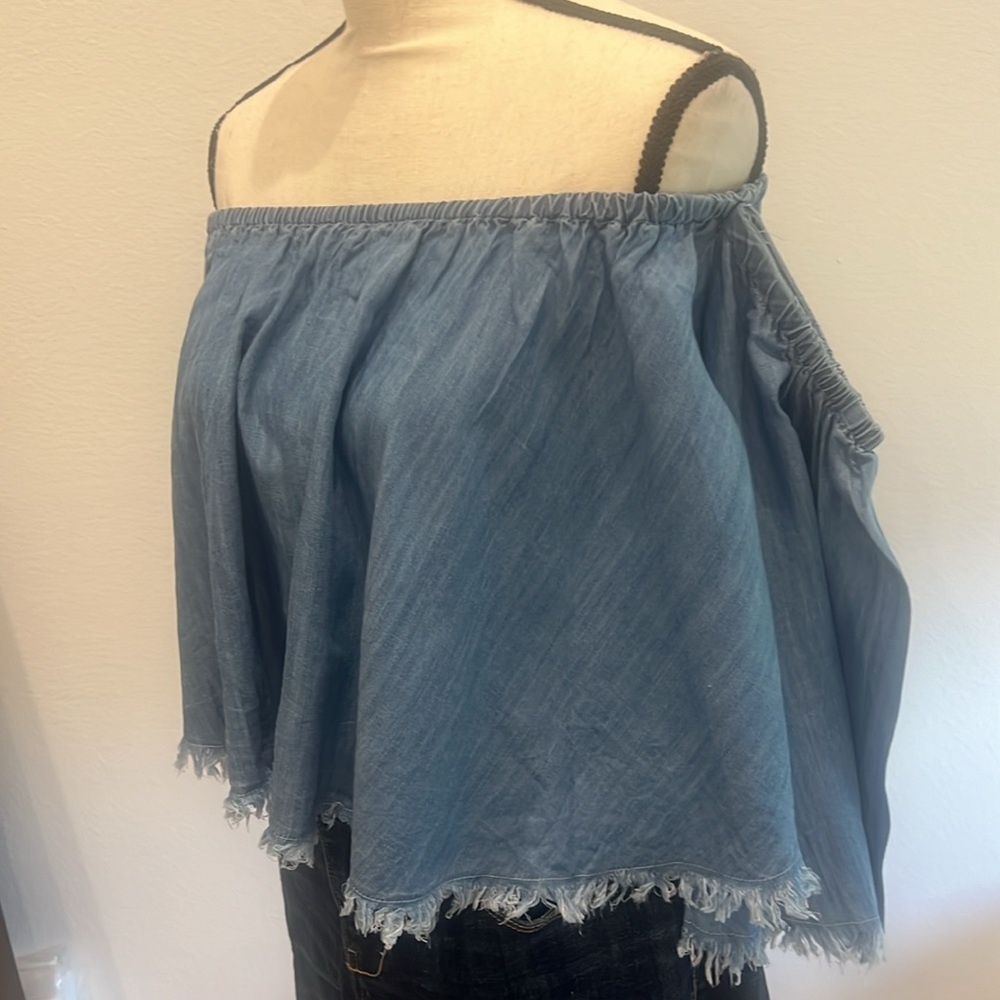Blue Frayed Summer Top - Off Shoulders ; Size Medium